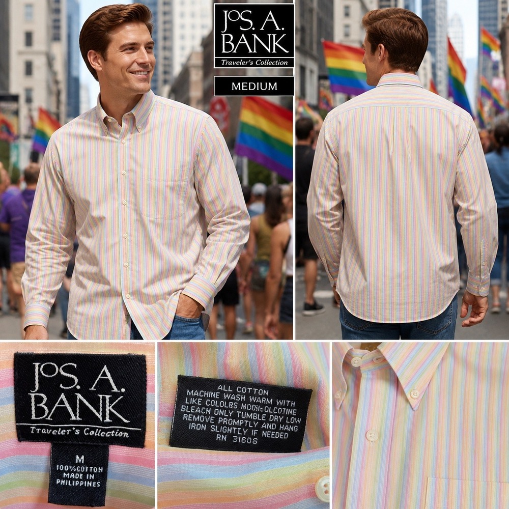 Jos. A. Bank Mens Pastel Rainbow Pride Striped Button Down Shirt Medium Cotton